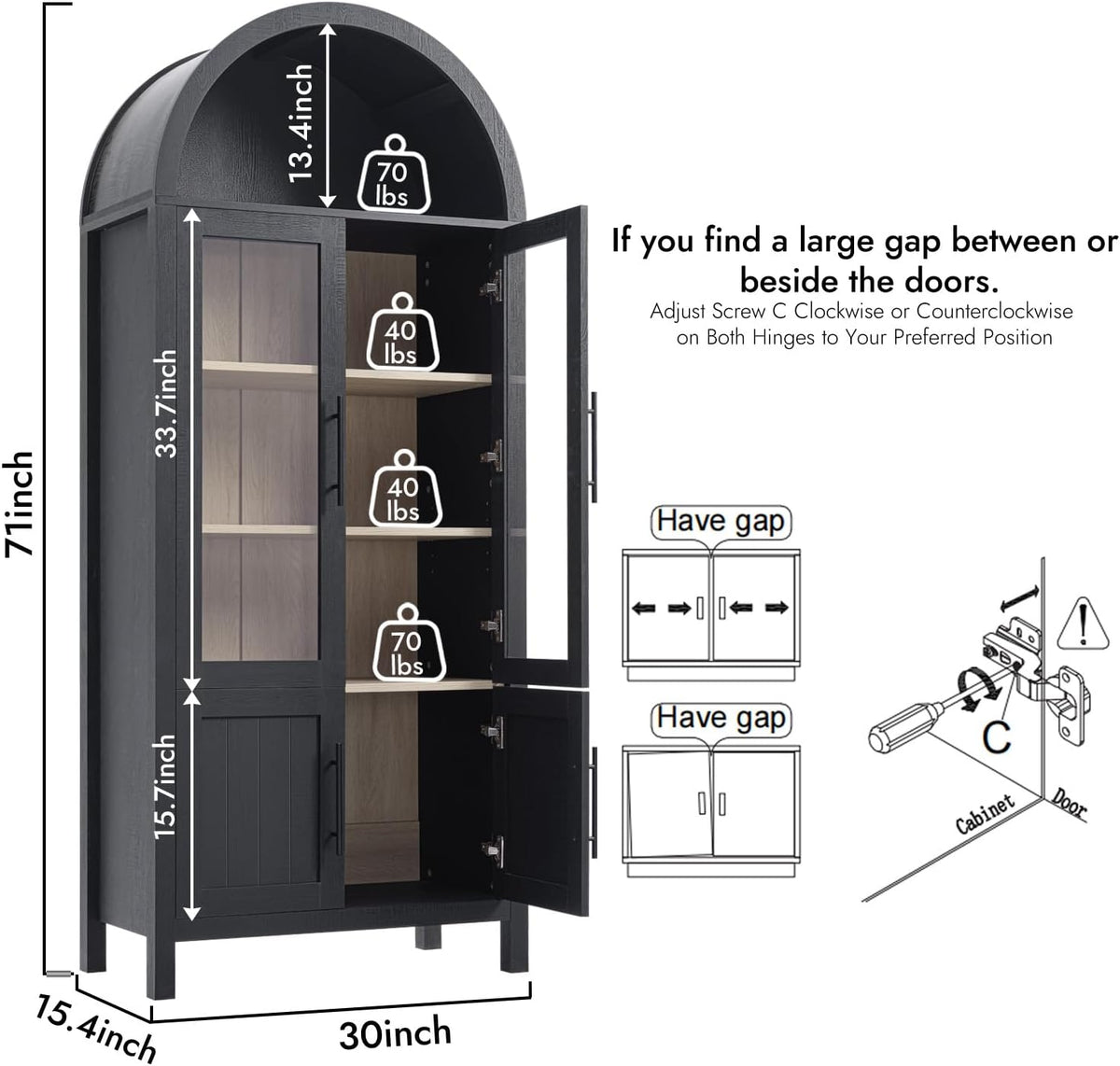 71" Tall Arched Display Cabinet with Glass Doors, 5-Tier Bookshelf