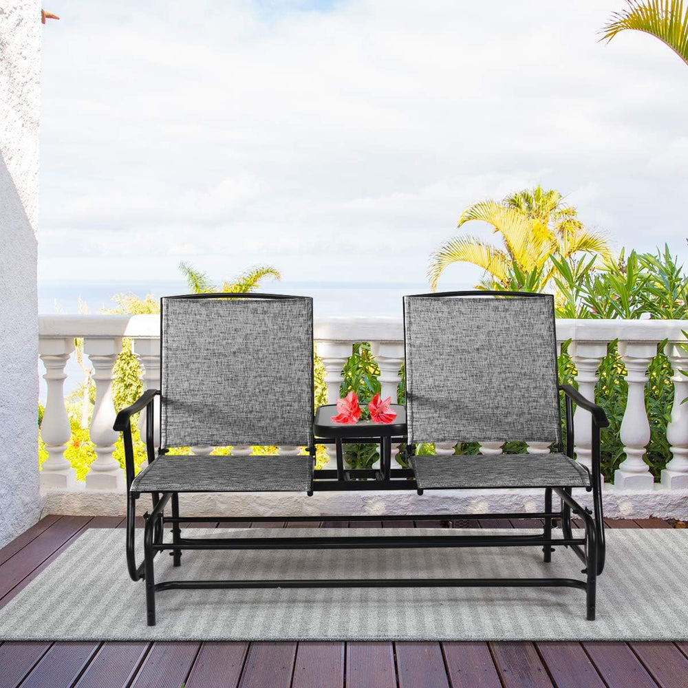 GIANTEX Patio Bench Glider Chair with Metal Frame, Center Tempered Glass Tabl...