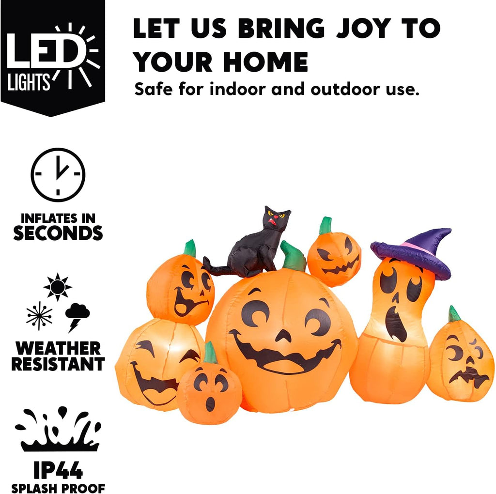 Joiedomi 6 FT Long Halloween Inflatable Outdoor Decorations, Pumpkin Blow Up Yard Decorations, 7 Pcs Inflatable Pumpkin for Outside with Witch's Cat with Build-in LEDs for Halloween Decor