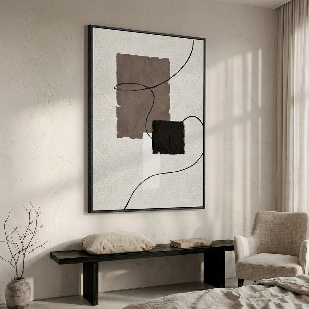 Extra Large Framed Neutral Beige Brown Abstract Wall Art, Vertical 40x60 In