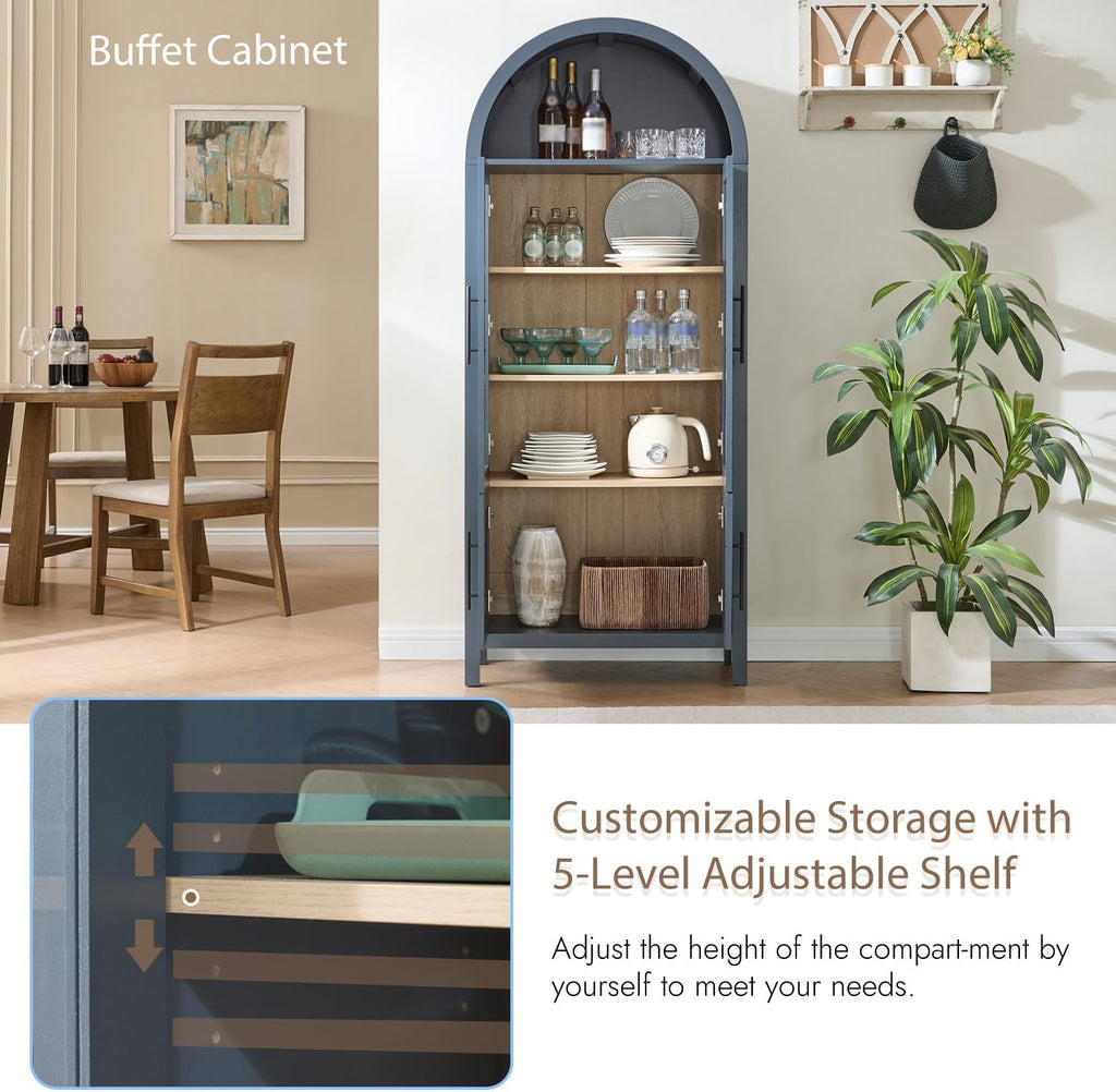 71" tall arched display cabinet with glass doors showing dimensions