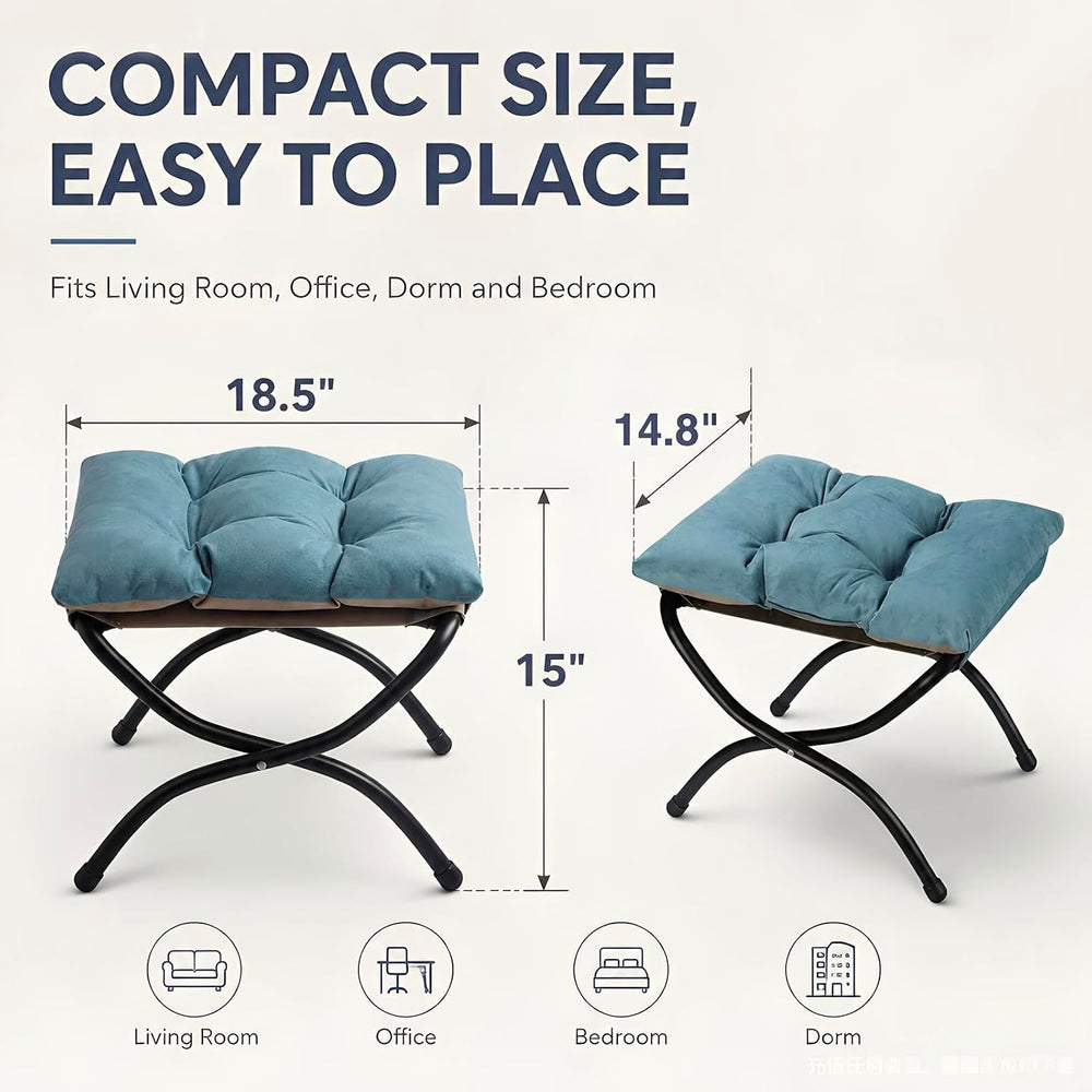 15" Upholstered Folding Foot Rest Stool with Foldable Metal Frame Blue