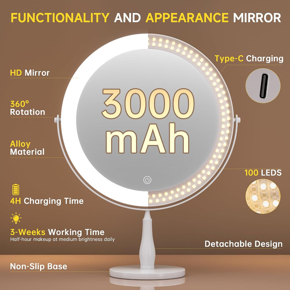 11.8" Makeup Mirror, Rechargeable Vanity Mirror with 3 Lights, 1X/10X