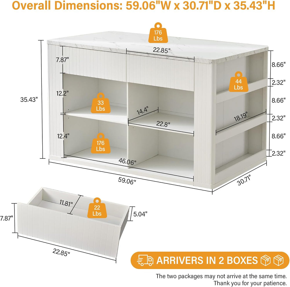 59" Kitchen Island with Storage & Seating for 2, Modern Stationary K...