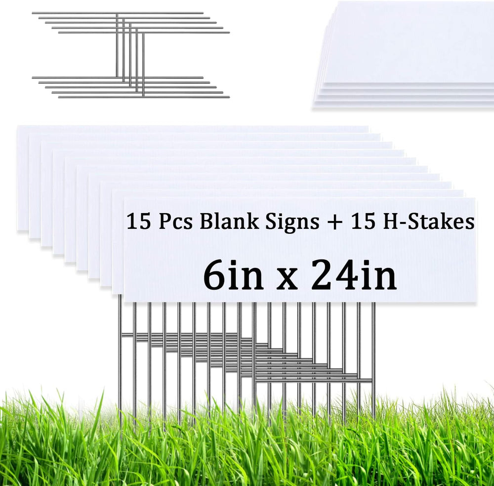 15 PCS Blank Yard Signs with H Metal Stakes, 6 x 24 Inches White Corrugated P...