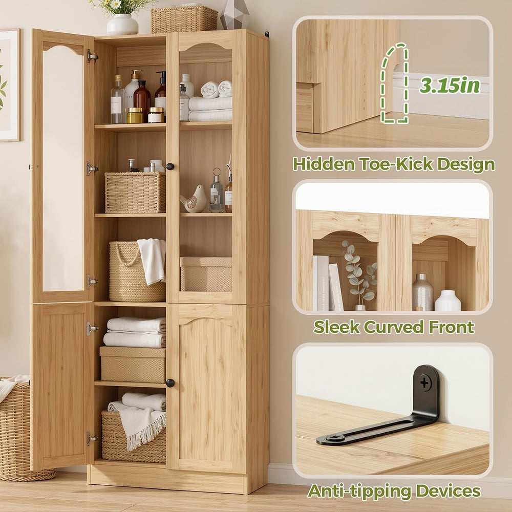 Cyclysio 80"H Bookcase with Arched Glass Door, Adjustable Shelf,Natural Oak