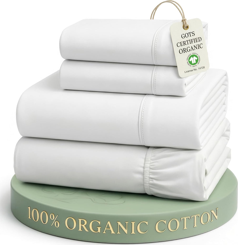 100% Organic Cotton King Size Sheets Set 4pc Percale Cooling Soft - White
