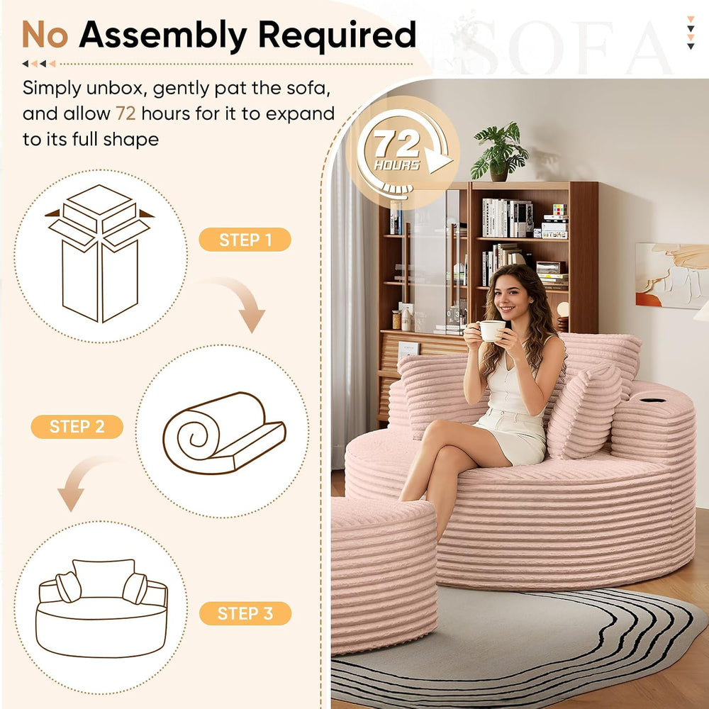 Oversized Round Chaise Longue Chair with Ottoman, Modern Corduroy Deep Seat C...