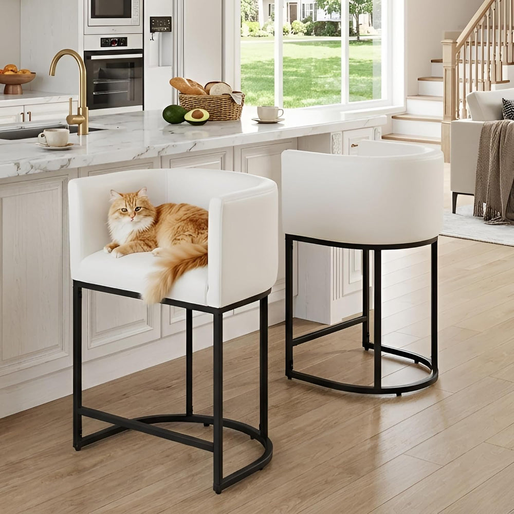 HNY White Modern Barrel Counter Height Bar Stool, 24 Inch PU Leather Kitchen ...