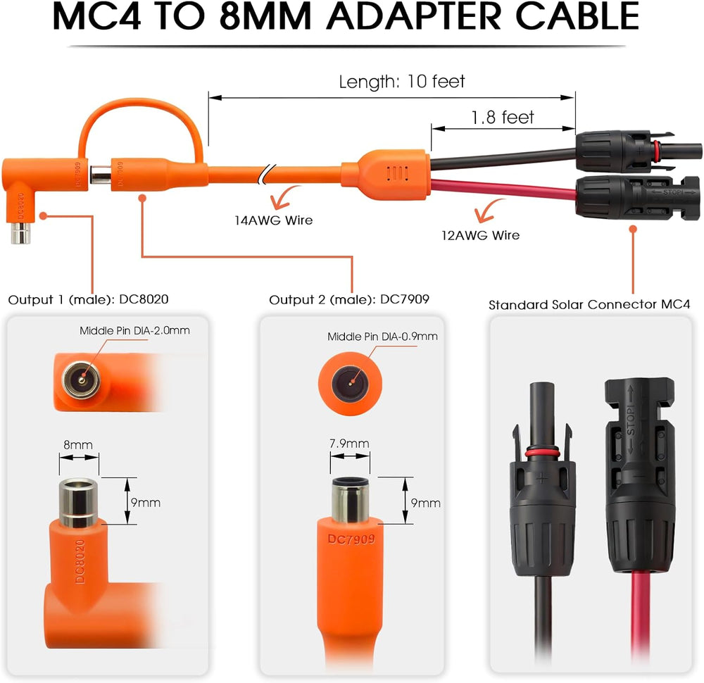 10FT MC4 to DC 8mm Adapter Cable for Jackery Portable Power Station
