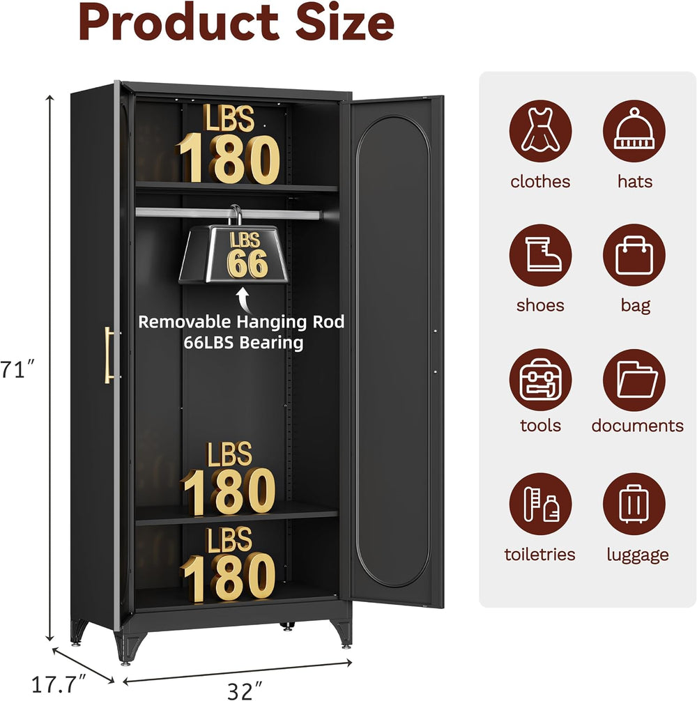 71" Tall Metal Bedroom Armoire, Wardrobe Closet with Doors, Black