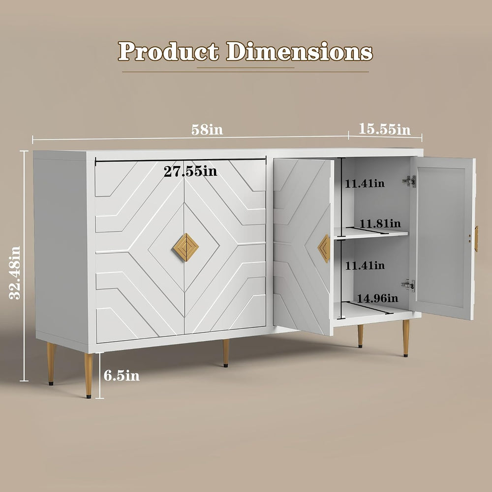 HLR 58'' Modern Sideboard Buffet Storage Cabinet with 4 Doors, White