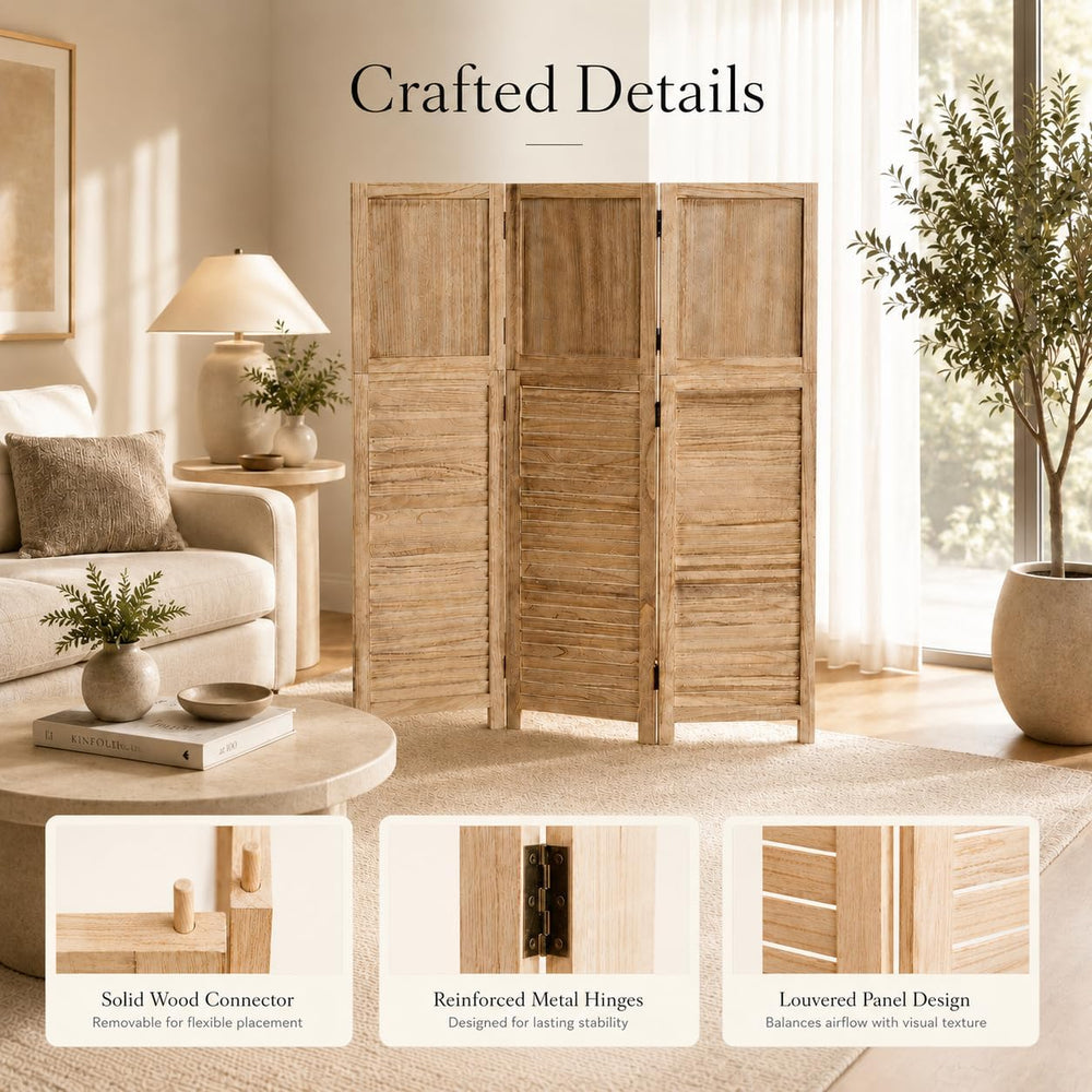 1 Pack 3 Panel Wood Short Room Divider Folding Screen Light Brown