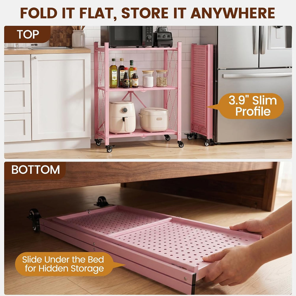 ALANNG 3 Tier Folding Shelf on Wheels, Heavy Duty Rolling Storage Cart