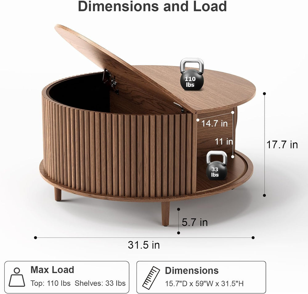 JOINICE 31.5" Round Coffee Table with Storage for Living Room, Walnut