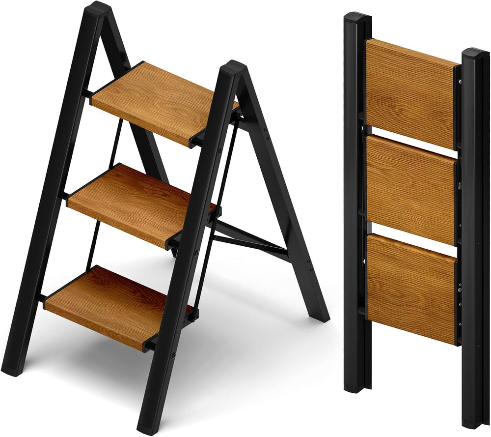Taranta 3 Step Stool Foldable,Aluminum Step Ladder-BlackWoodgrain