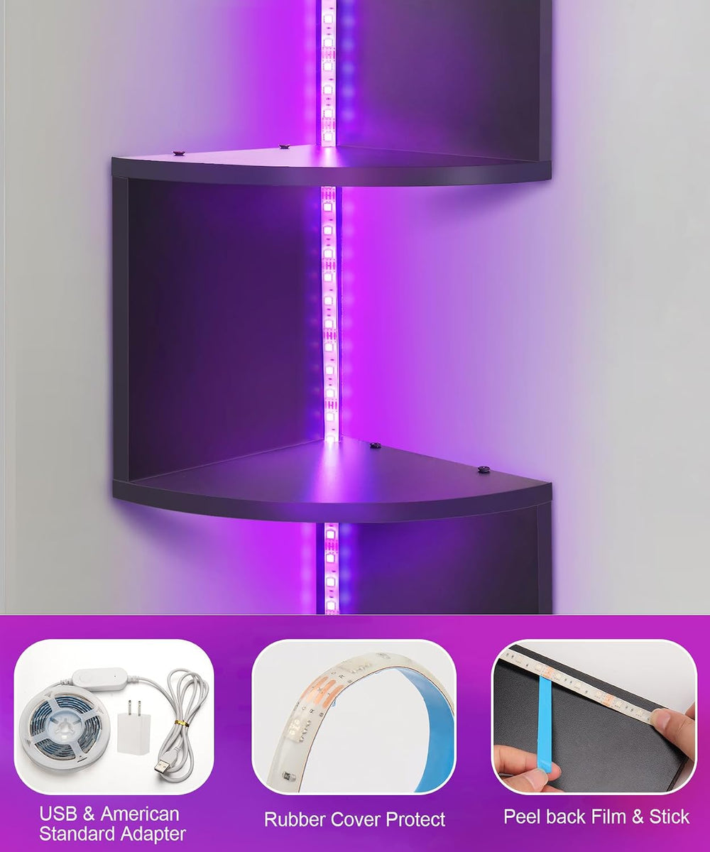 5 Tiers Corner Shelf with RGB LED Lights, 49.2" Wall Mount Floating Corn...