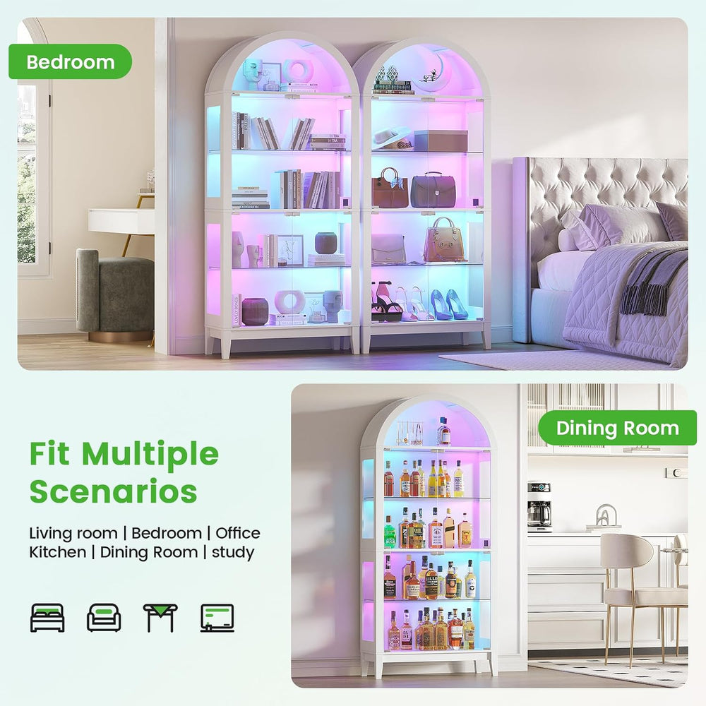 HNEBC Arched Display Cabinet with Glass Doors& Music Sync Lights,White