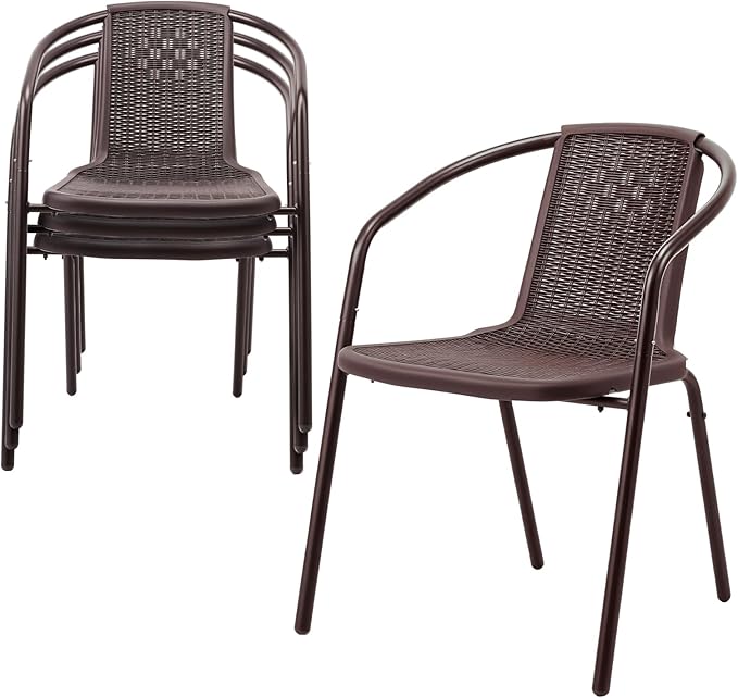 VINGLI Plastic Stackable Patio Chairs, Set of 4, Brown
