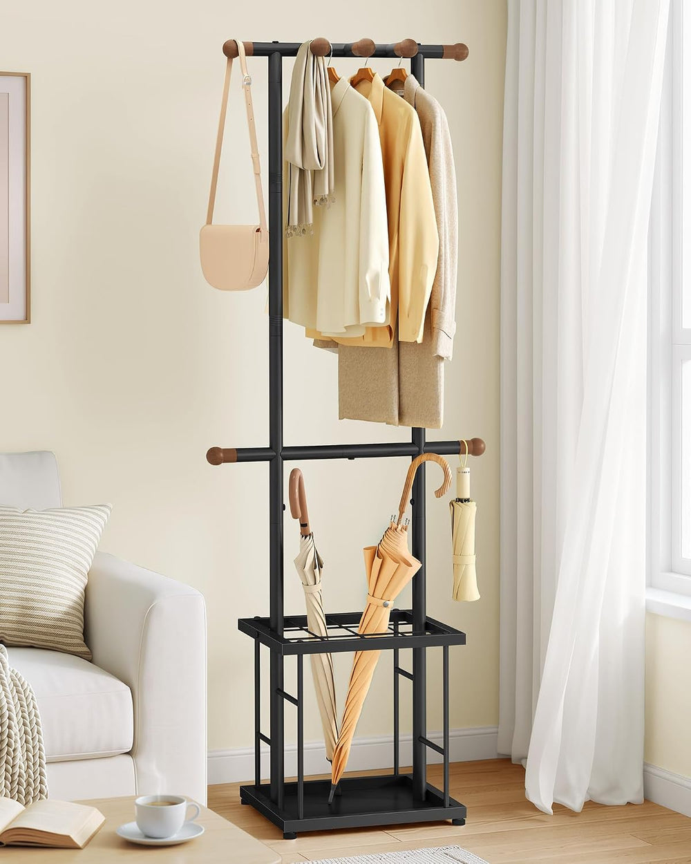 FAVOOSTY Coat Rack Freestanding with Umbrella Holder for Entryway, Black