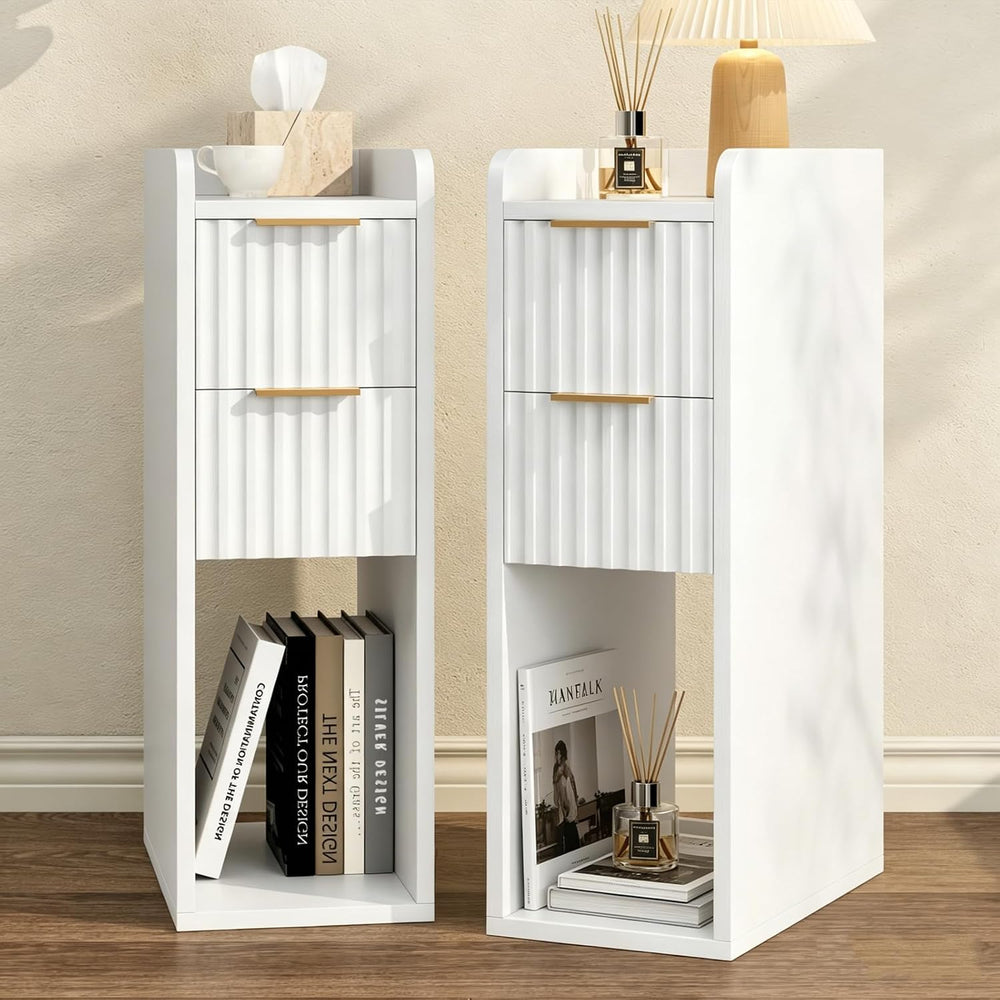 Narrow Nightstand Set of 2, 7.9" Wood Nightstands w/Fluted 2 Drawer, Sli...