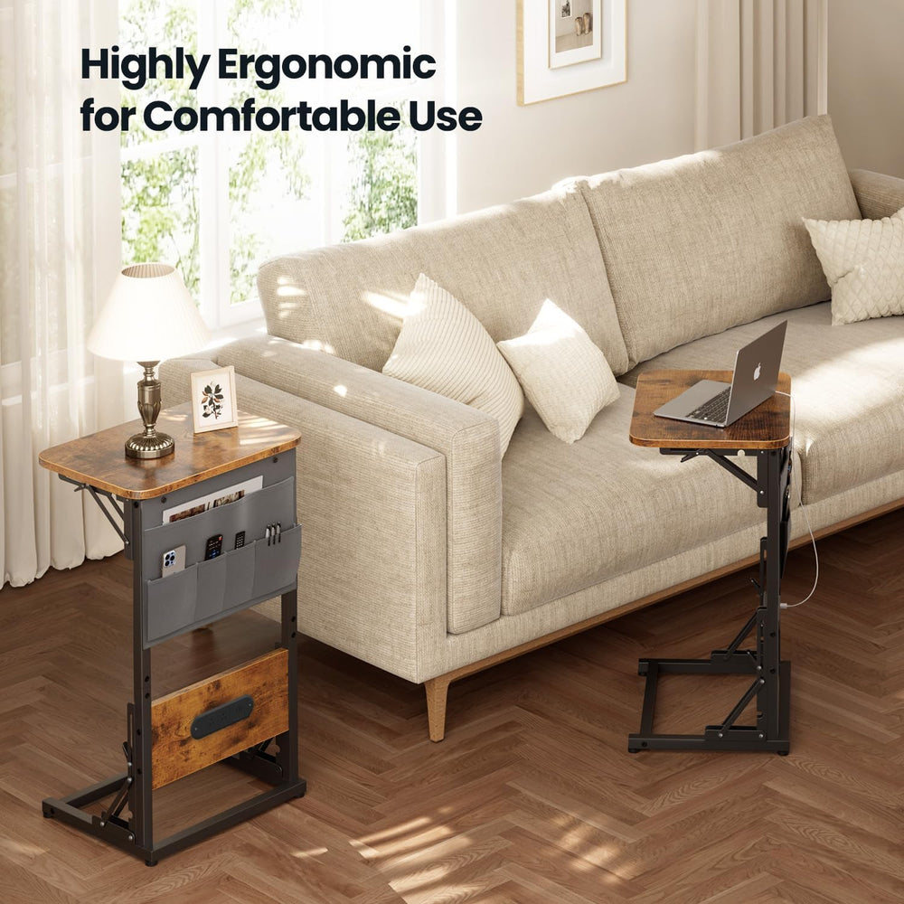 HLDIRECT C Shaped End Table with Charging Station & Storage Bag Brown