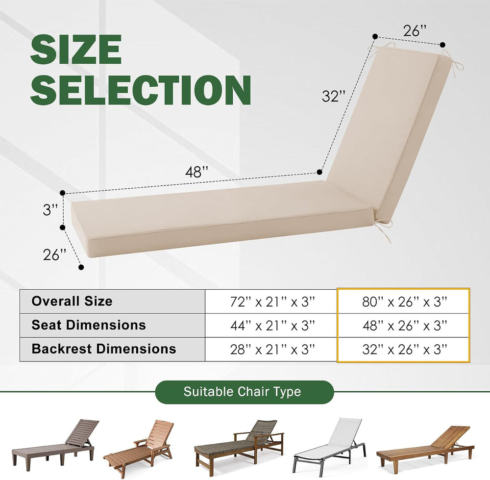 Chaise Lounge Cushions Outdoor, 80x 26x 3 Inch Waterproof & Fade-Resistan...