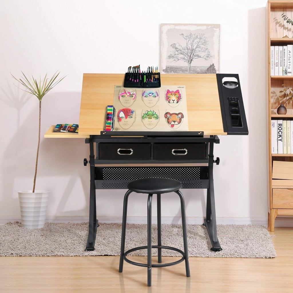 adjustable drawing table with 2 drawers & stool, side view