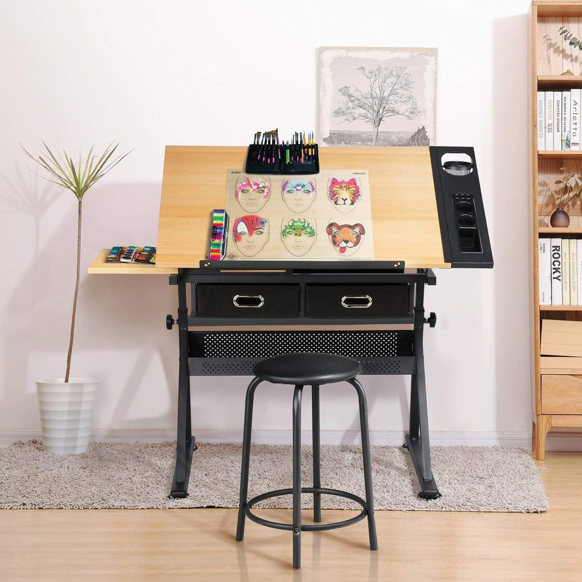 adjustable drawing table with 2 drawers & stool, side view