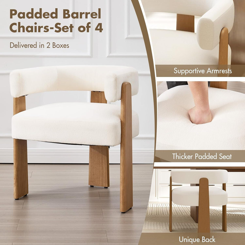 Hyfirm Set of 4 Modern Boho Barrel Dining Chairs with Wood Legs, White Uphols...