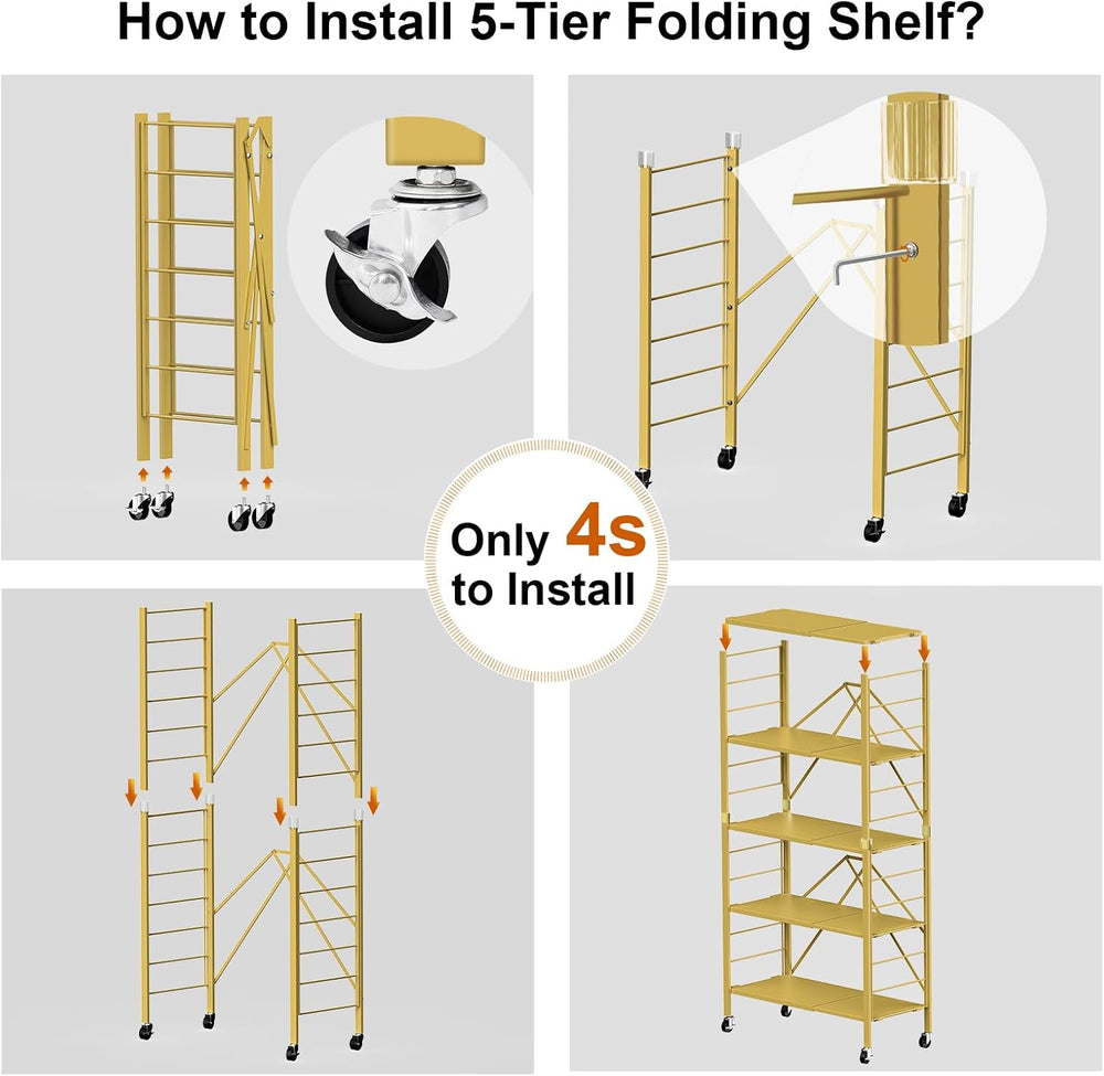 Himix 5-Tier Storage Shelf with Wheels Foldable Expandable Adjustable Gold