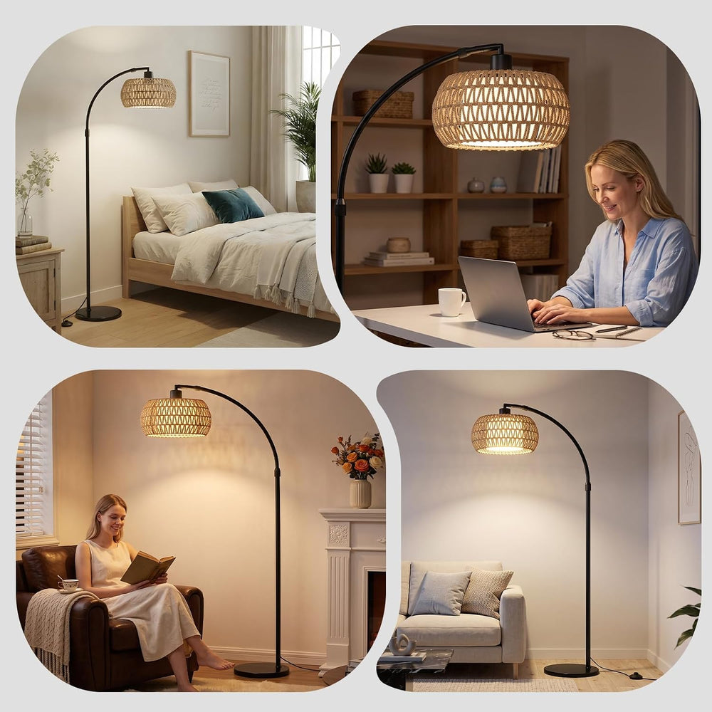 Arc Floor Lamp for Living Room, Rattan Floor Lamp with Remote Control