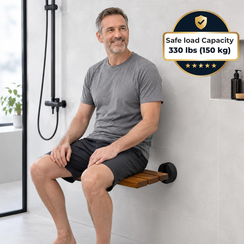 DIYHD 20" Burmese Teak Wood Wall Mounted Folding Shower Bench, Black