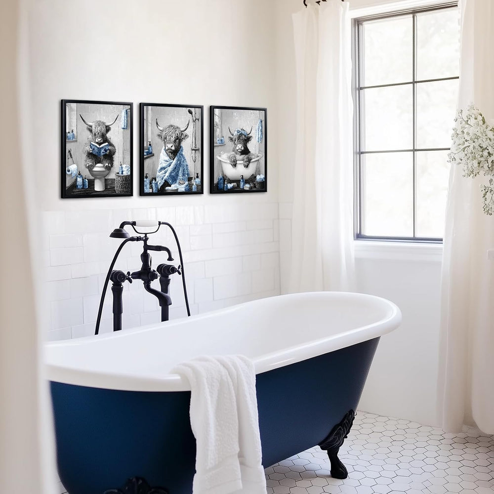 sechars Highland Cow Bathroom Wall Art, Grey and Blue