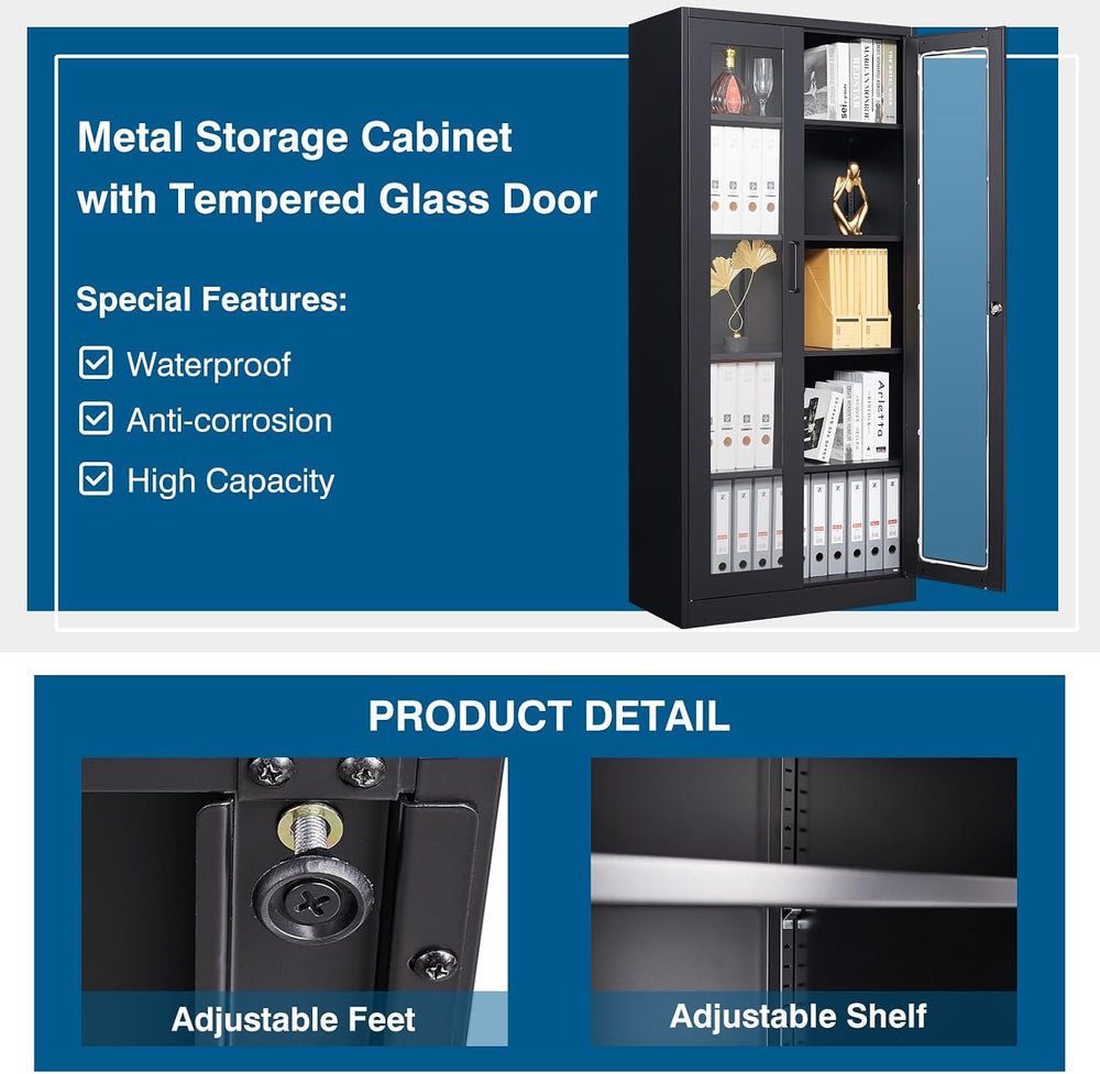 PEUKC Display Cabinet with Glass Doors, 71 Inches Metal Curio Storage Cabinet...