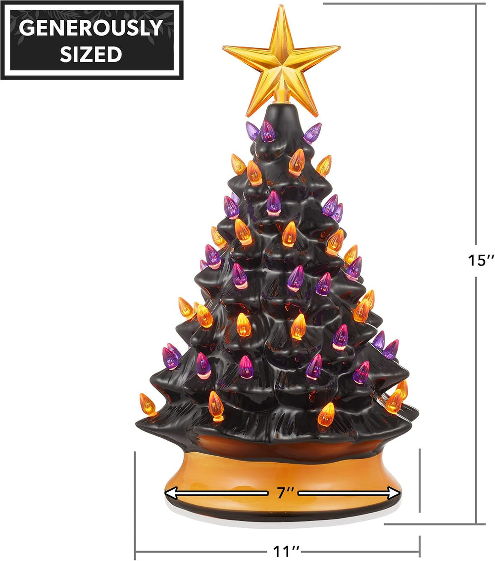 Casafield Hand-Painted Ceramic Halloween Tree, 15-Inch Pre-Lit Decoration wit...