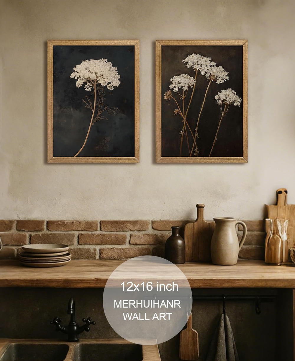 Framed Moody Botanical Wall Art Set of 2, Vintage Wildflower Canvas Prints,Ru...