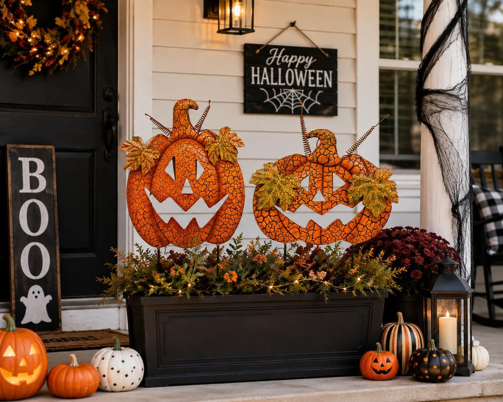 STC World S/2 Halloween Pumpkins Garden Stakes Jack O Lantern Designed Outdoo...