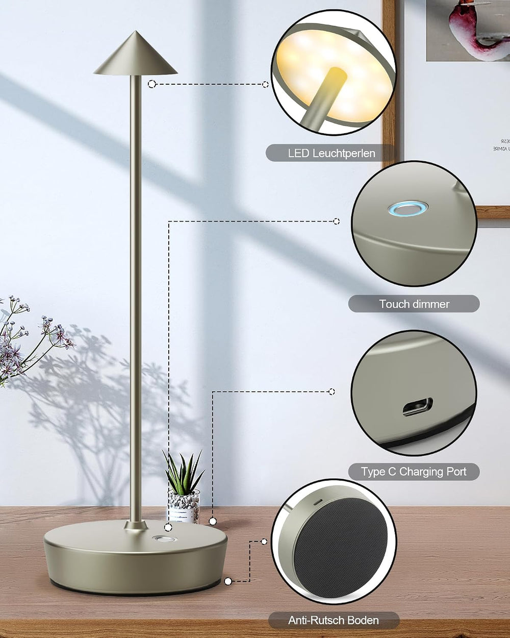 LED Cordless Table Lamps Rechargeable 6000mAh Battery Operated Desk Lamp