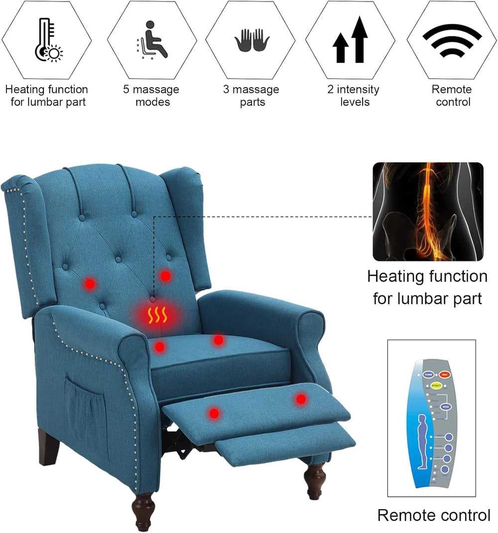 Wingback Chair, Push Back Recliner Armchair, Blue, Single