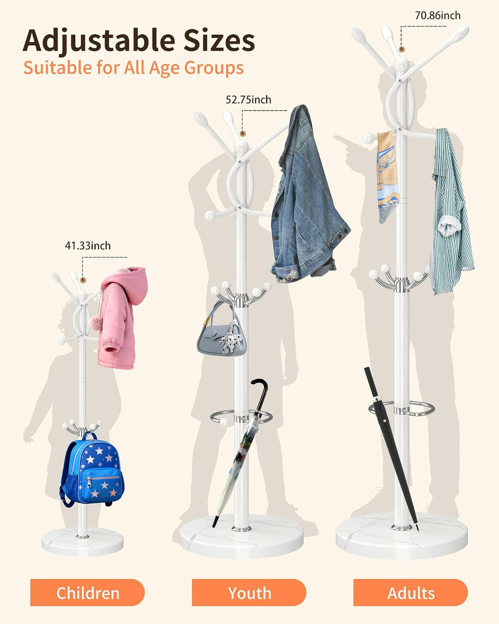 ZOZOE Coat Rack Stand with 10 Hooks Marble Base & Umbrella Holder