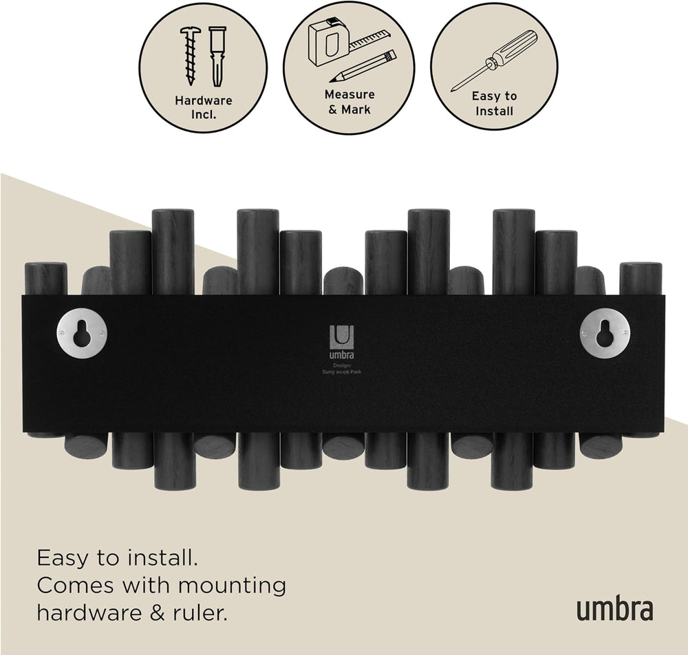 Umbra Picket Wall-Mounted Coat Rack Rail Hook with 5 Retractable Wood Pegs – ...