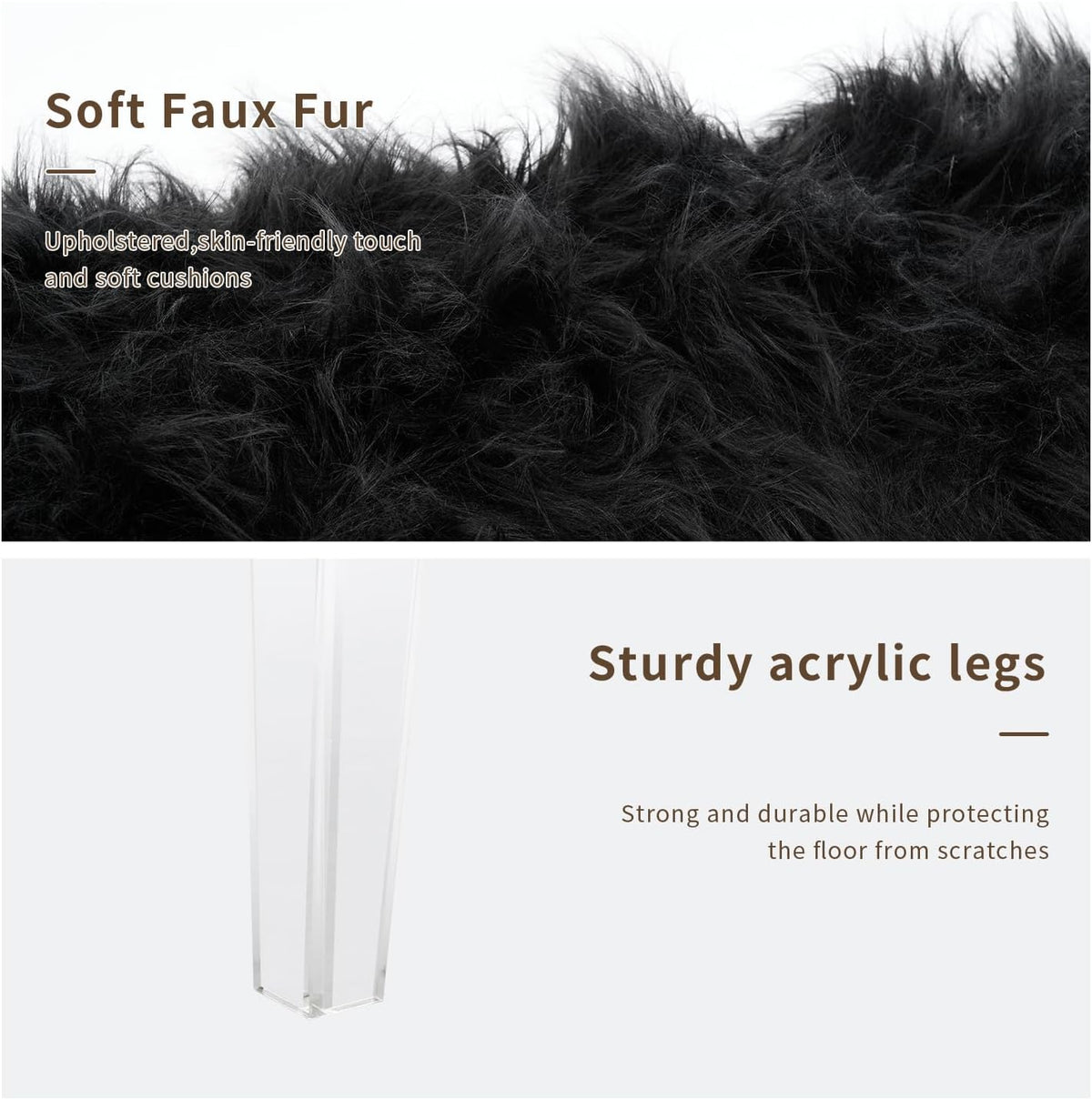 Modern Black Faux Fur Ottoman Bench - Upholstered Furry Bench with Acrylic Legs for Bedroom, Living Room, Entryway, Vanity or Bed End