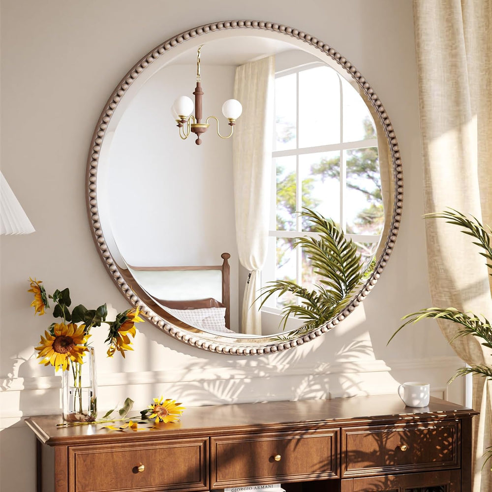 24'' Round Bathroom Mirror, Beaded Circle Decorative Wall Mirror