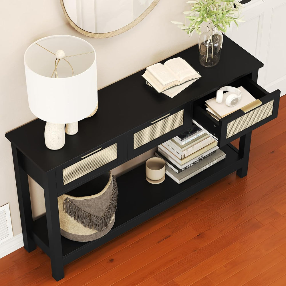 Luoxiao Rattan Console Table 3-Drawer 47" Narrow Black Entryway Sofa Table