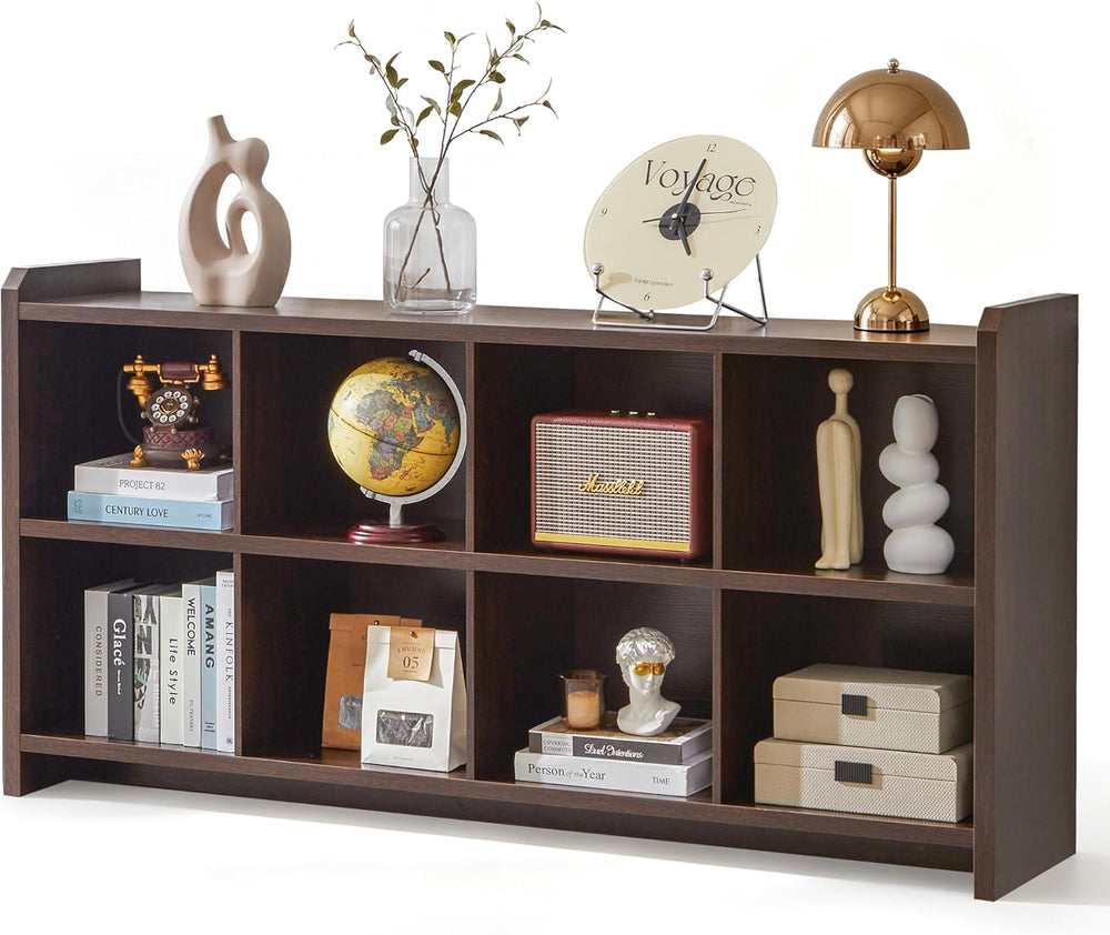 8 Cube Low Storage Organizer, 63" Long Horizontal Bookshelf, Dark Walnut