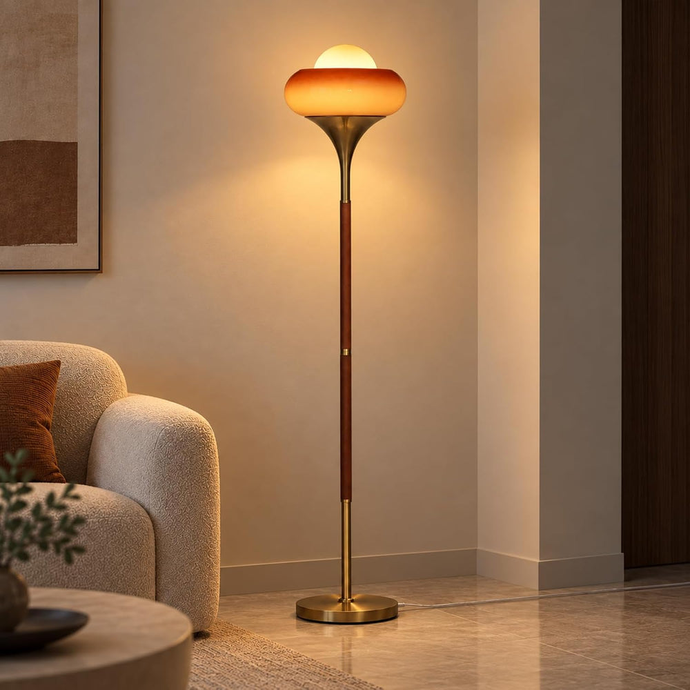 Mid Century Modern Orange Floor Lamp, Gradient Amber Glass Shade