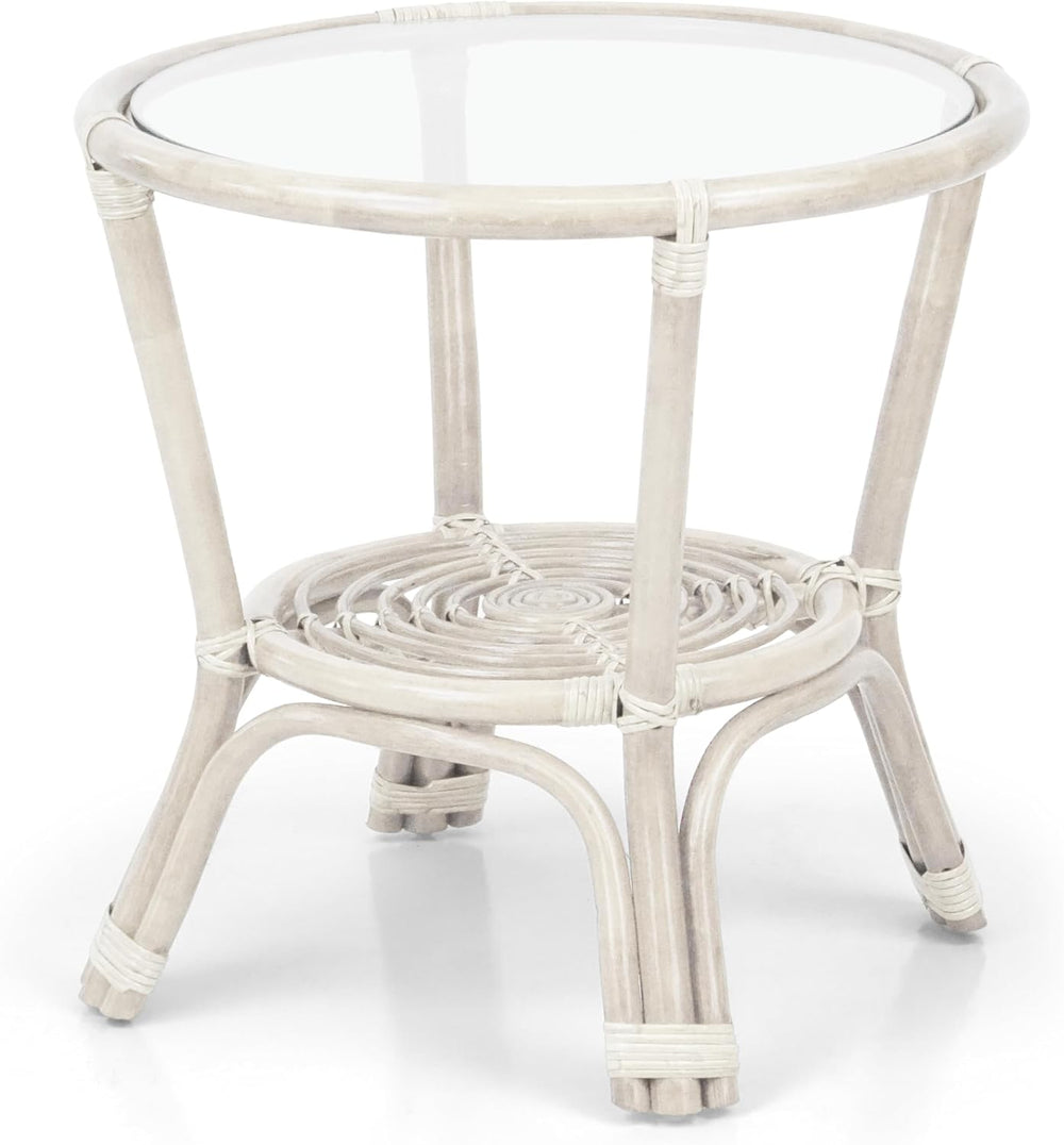 Leo Rattan Wicker Round Accent Coffee Table with Glass, White Color