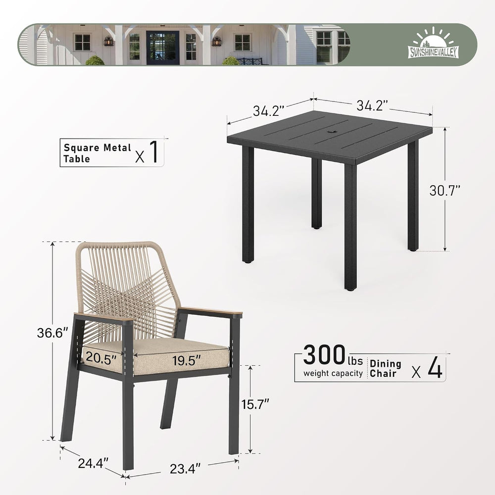 SUNSHINE VALLEY 5pc Patio Dining Set, 34.2" Square Table & 4 Rattan ...