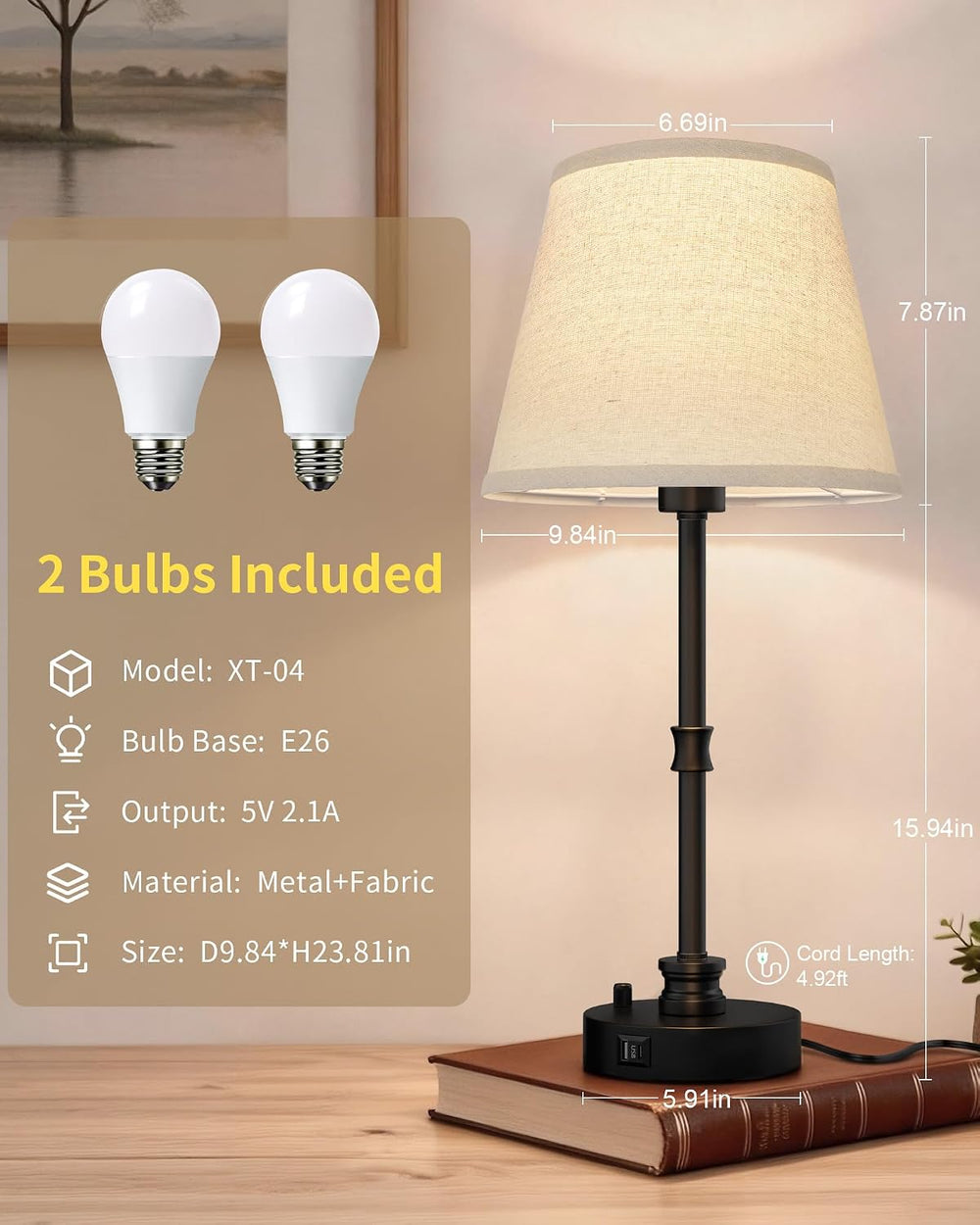 EppieBasic 24" Bedside Table Lamps Set of 2 with 3-Way Rotary Dimming